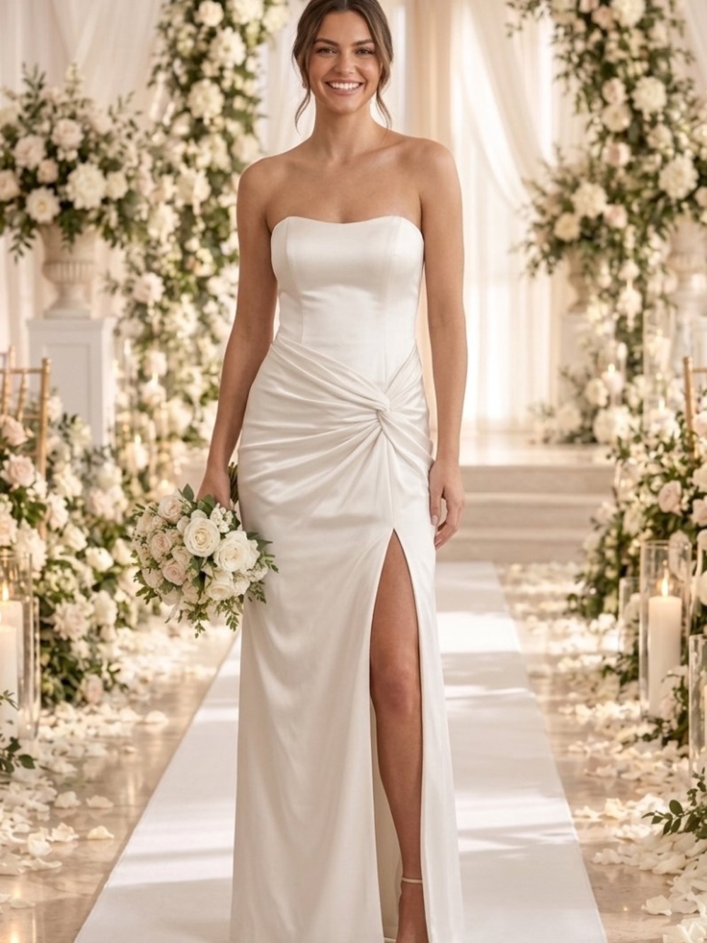 New Lulus’s Strapless Cream Evening Gown with Side Knot and Thigh Slit Sz Medium